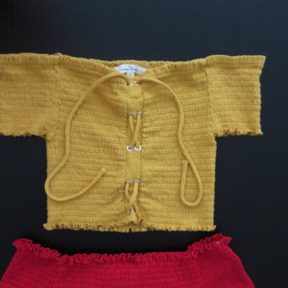 Lot 2 Smocked Lace-Up Front Crop Tops L Hot Kiss Love Tree L Red Yellow - Picture 2 of 7